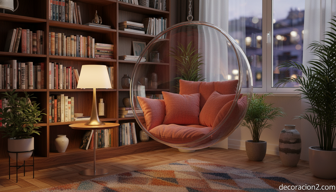 Sillón burbuja con cojines rojos en rincón de lectura vintage