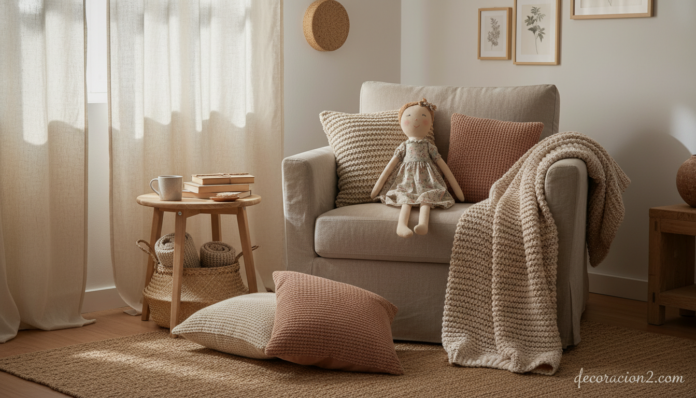 Muñeca de trapo decorativa sobre sillón de lino en salón nórdico