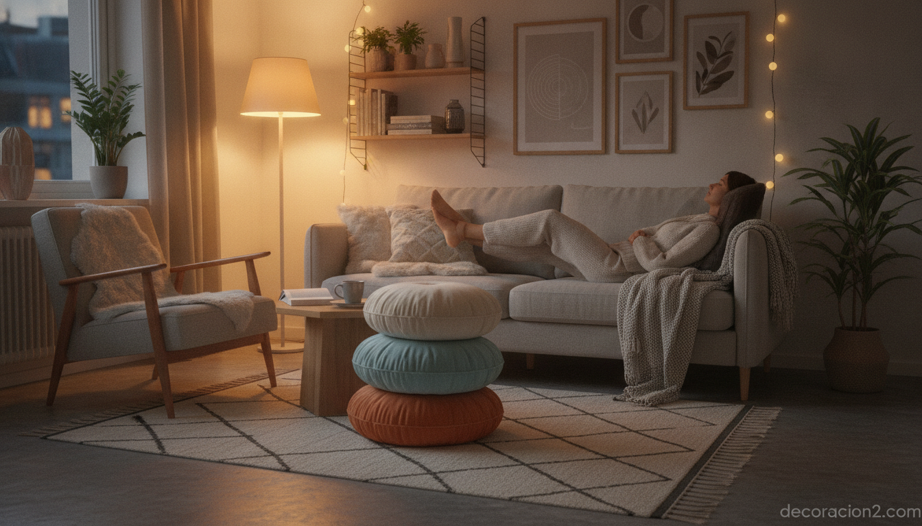 Persona usando los cojines de la mesa hexagonal como reposapiés en un salón acogedor