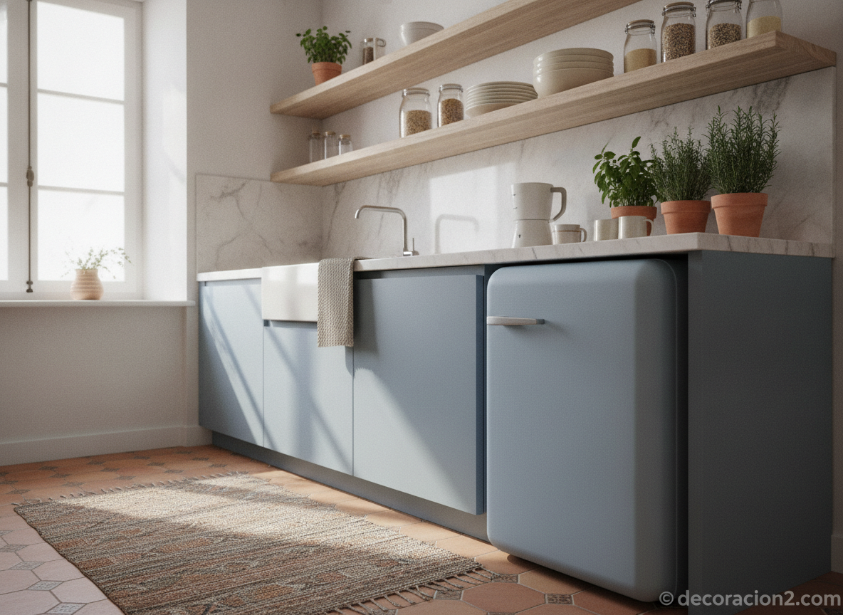 Frigoríficos bajo encimera: guía para integrar la nevera y ganar espacio en la cocina 8 Cocina nórdica pequeña con nevera azul integrada bajo la encimera
