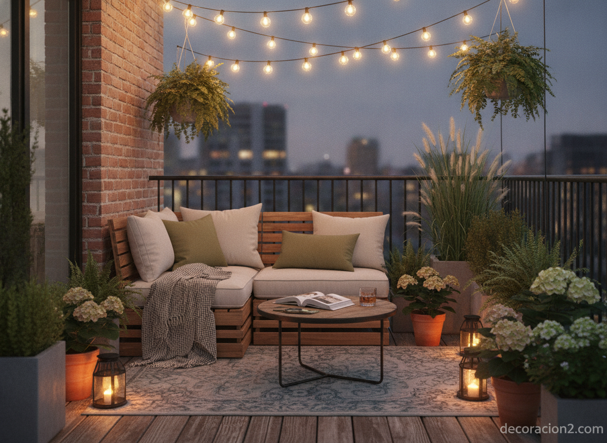 Terraza urbana pequeña decorada como salón exterior con sofá de madera al atardecer