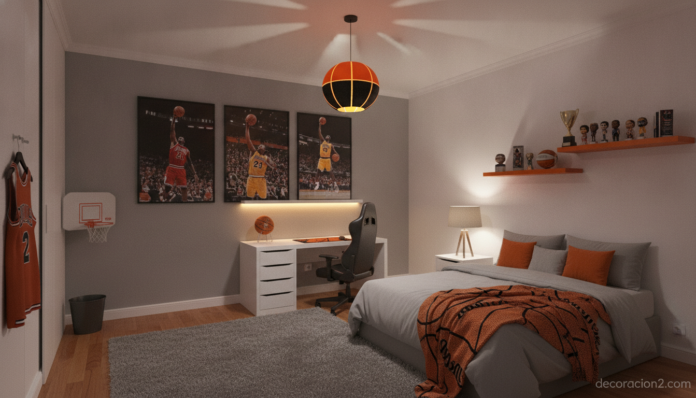 Habitación juvenil decorada con una lámpara de baloncesto colgante