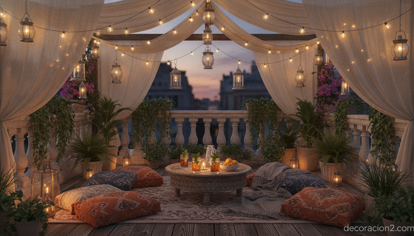 Terraza decorada al atardecer bajo una pérgola de tela con guirnaldas de luces