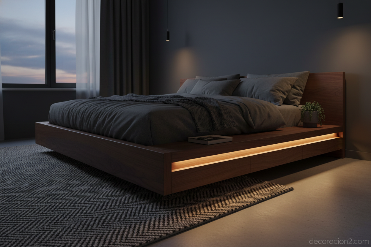 Mesilla de noche integrada con luz en un dormitorio de estilo moderno