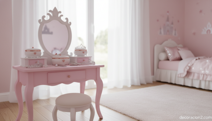 Tocador infantil de princesa en dormitorio decorado en tonos pastel