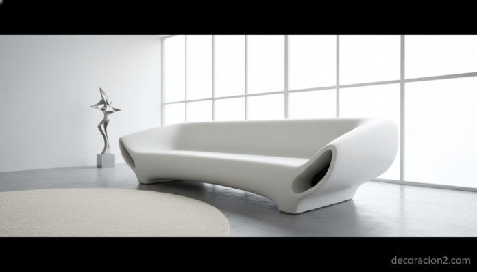 Sofá futurista blanco minimalista Acceleration de Phillip Grass en salón contemporáneo