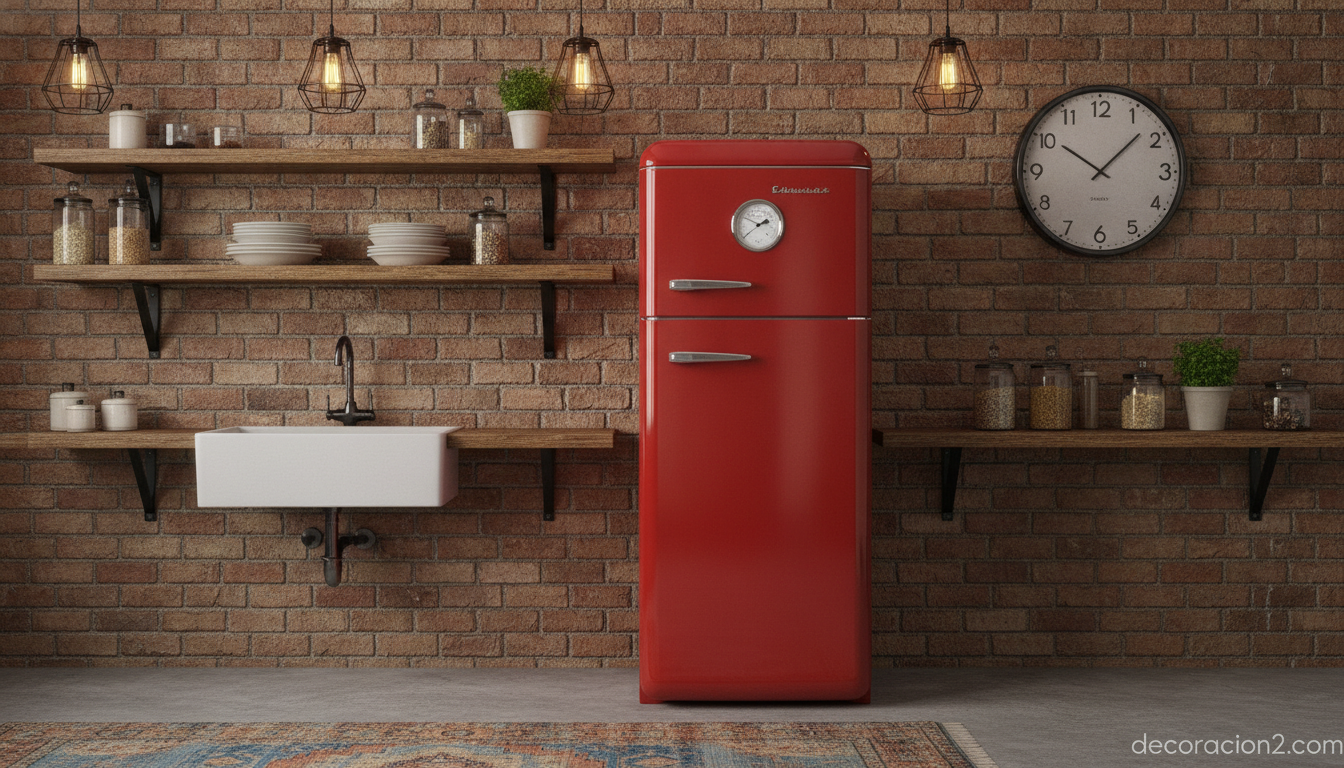 Frigorífico Smeg retro en color rojo en una cocina de estilo vintage industrial