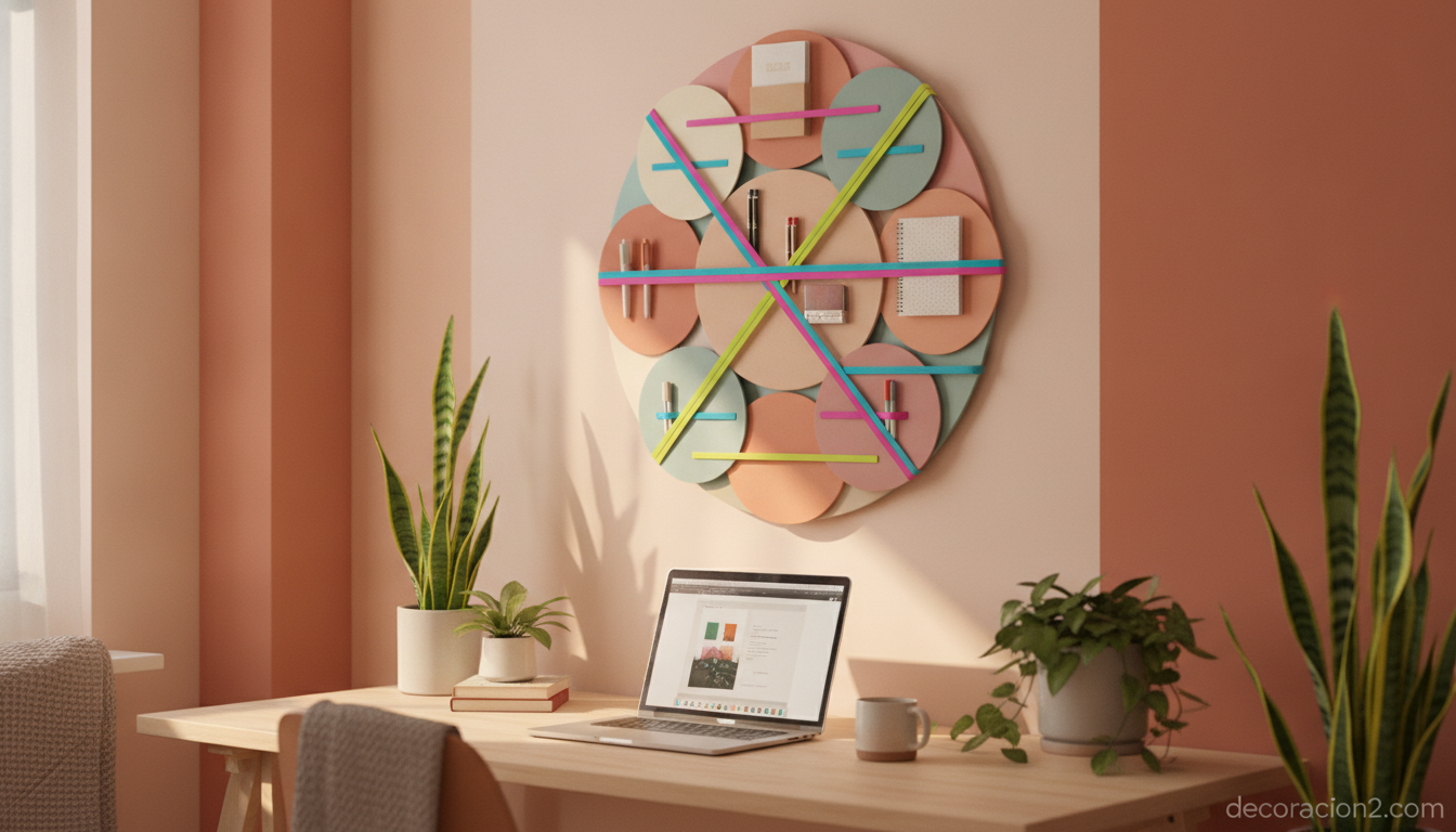 Organizador de pared DIY de cartón pintado en una zona de escritorio