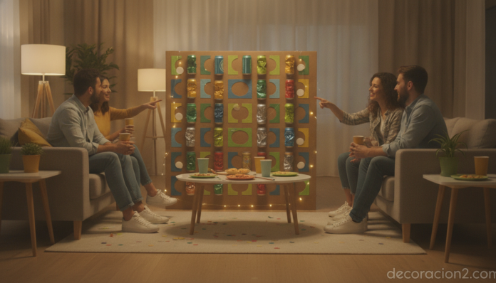 A lively home party scene in a modern living room with friends, where a large decorated cardboard recycling panel with hol... Panel de reciclaje para fiestas en casa lleno de latas en un salón