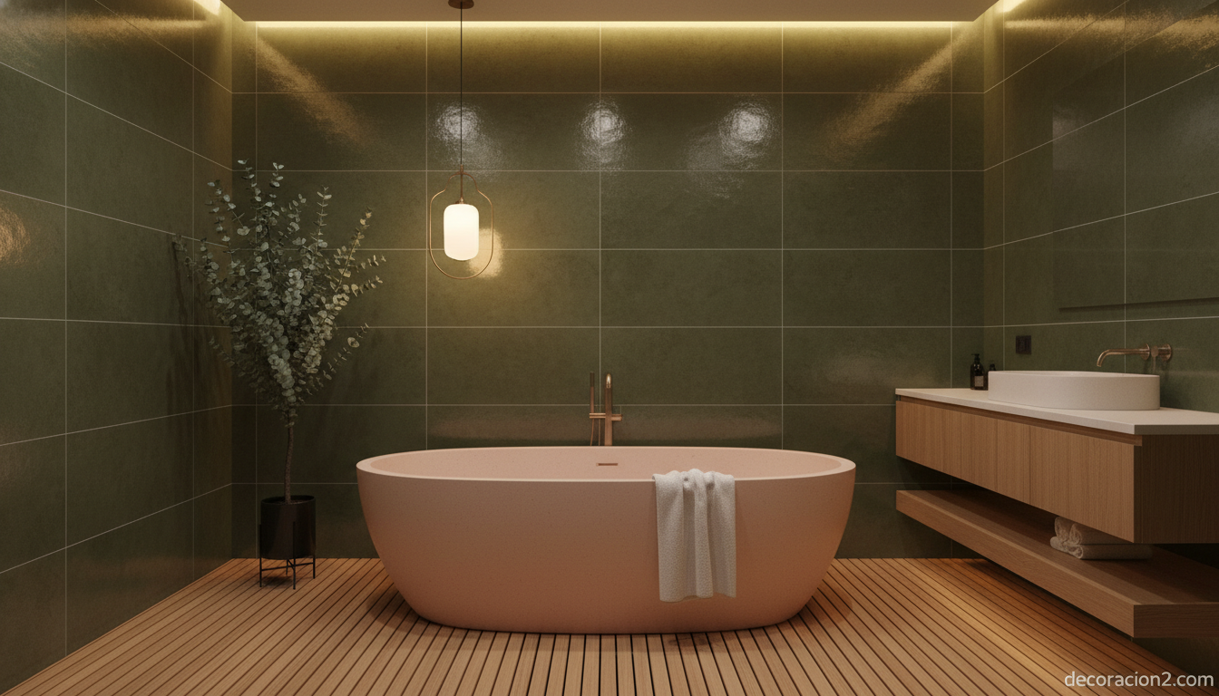 Bañera exenta de material reciclado Durat en tono rosa palo en baño estilo spa