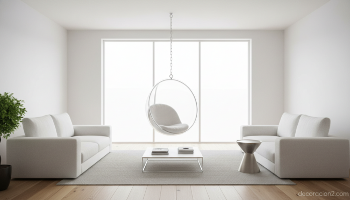 Sillón burbuja colgante de Eero Aarnio en salón minimalista