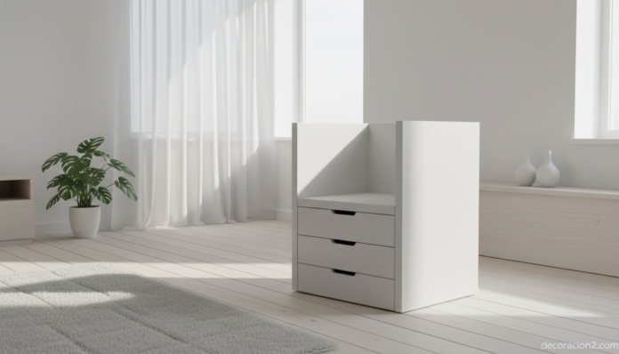 Silla Side Chair blanca de Alexander Kneller con almacenaje oculto en salón nórdico