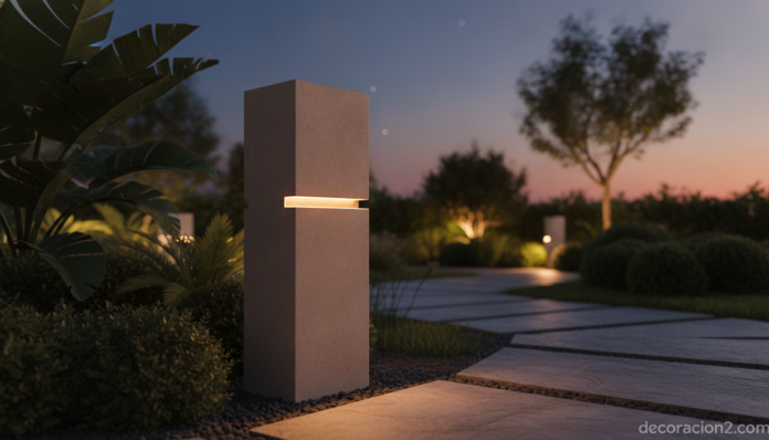 Lámpara de exterior de diseño iluminando un jardín contemporáneo al atardecer