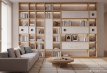 Estantería musical de diseño integrada en un salón moderno