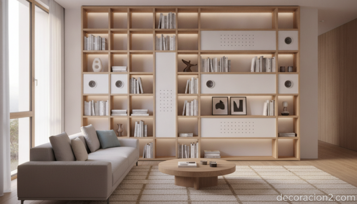 Estantería musical de diseño integrada en un salón moderno