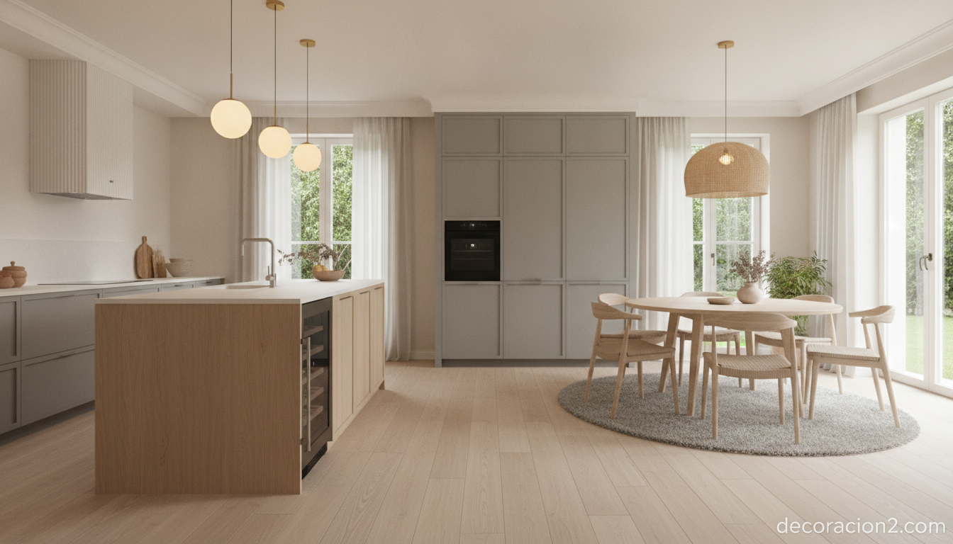 Cocina reformada con isla y diseño integral conectada al comedor