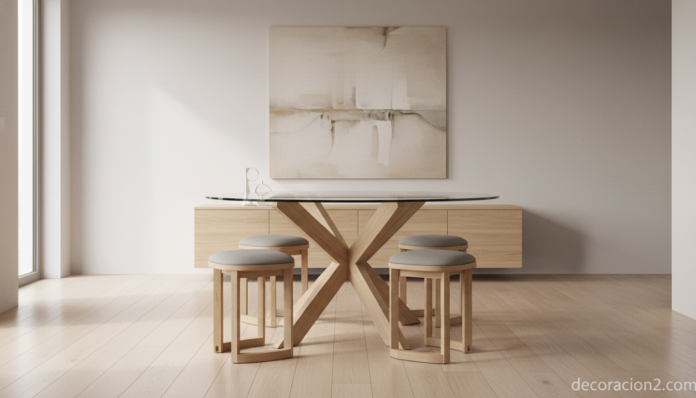Mesa de cristal con taburetes integrados de inspiración Pinwheel en un comedor moderno