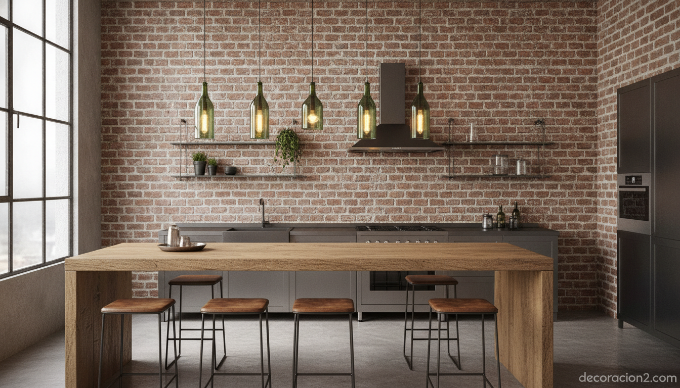 Lámparas colgantes recicladas de botellas de vidrio en una cocina de estilo industrial