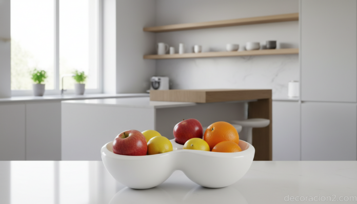 Frutero original de diseño futurista con fruta fresca sobre una encimera de cocina moderna