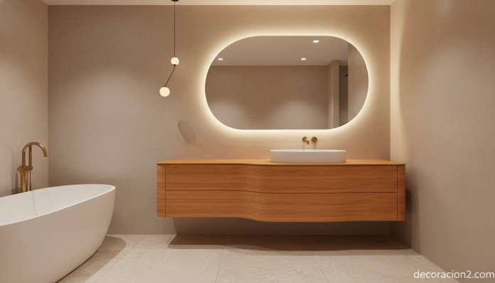 Mueble de baño Bandini Onda en madera curvada naranja con lavabo integrado