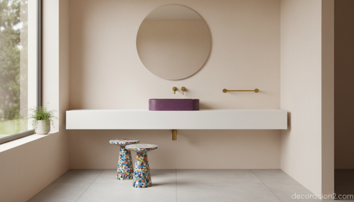Baño moderno con muebles de baño reciclados Durat de color morado