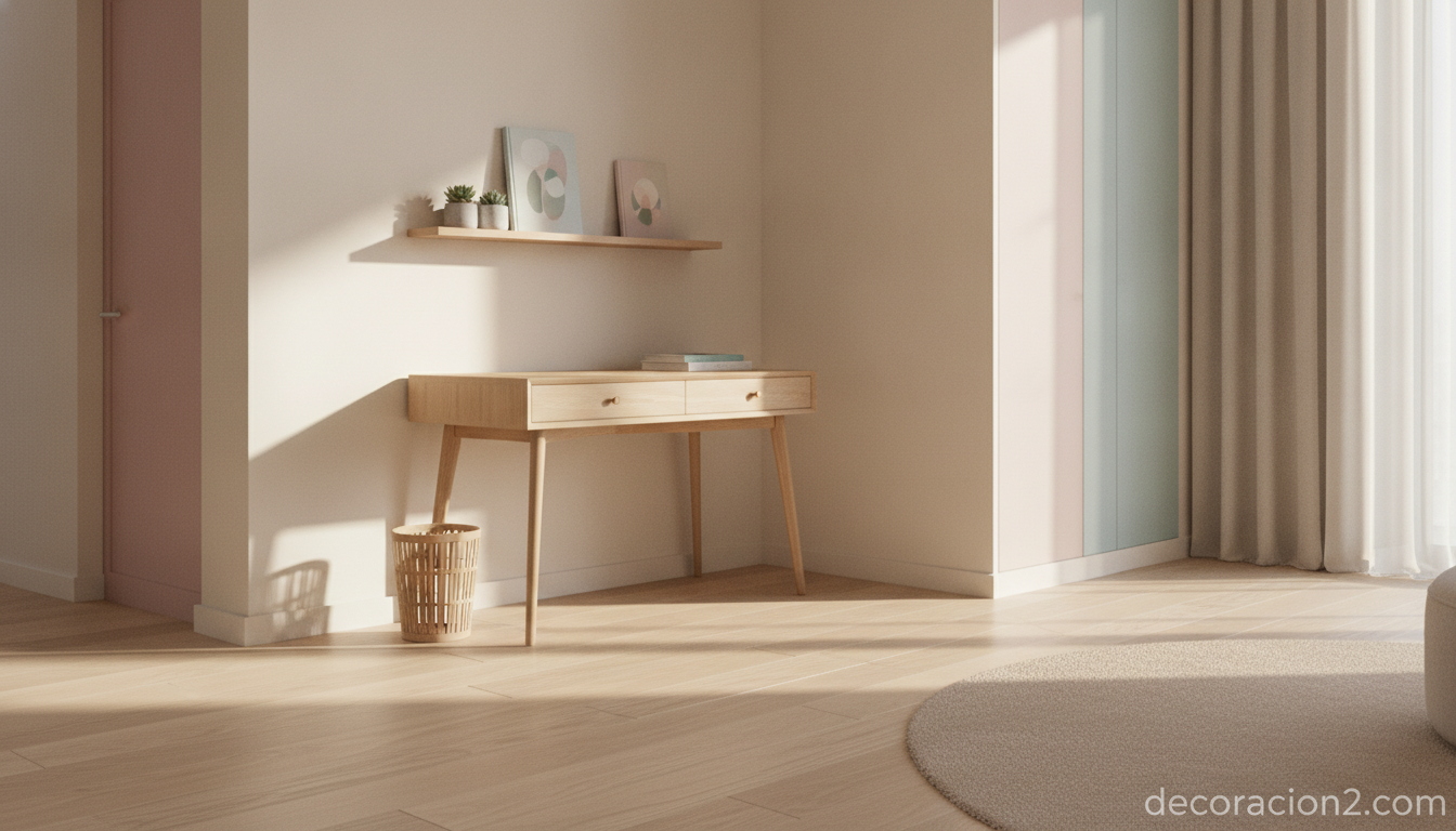Papelera de diseño de madera en un despacho minimalista de estilo nórdico