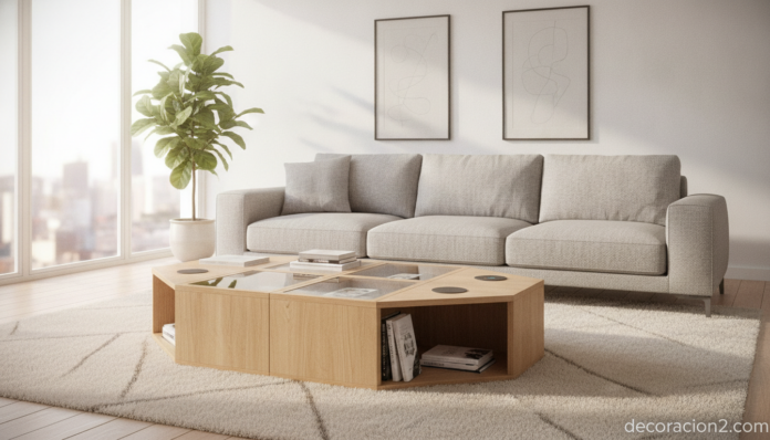 Mesa hexagonal multifuncional en el centro de un salón moderno y luminoso