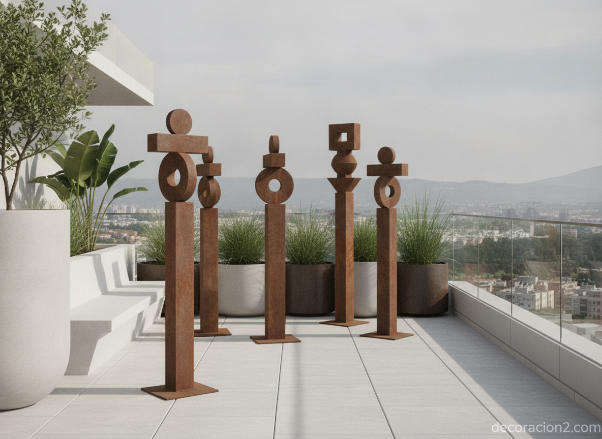Figuras decorativas geométricas de acero corten en una terraza moderna
