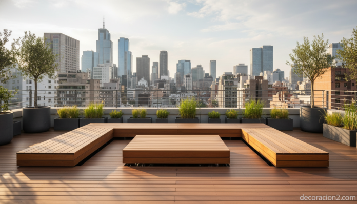 Sistema Spaceless de muebles ocultos para terraza con mesa y bancos integrados en el suelo