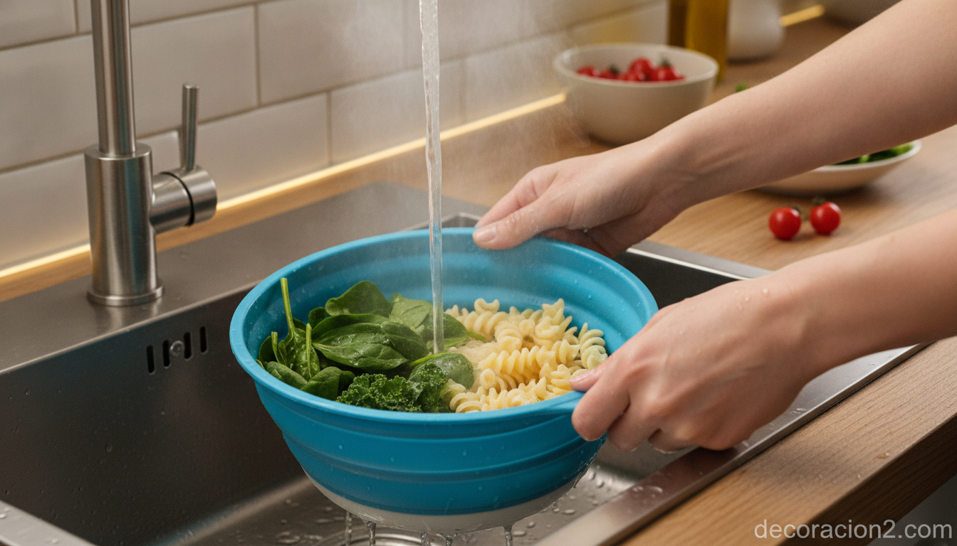 Escurridor plegable: el utensilio de silicona que ahorra espacio en tu cocina 2 Escurridor plegable en uso lavando verduras en el fregadero