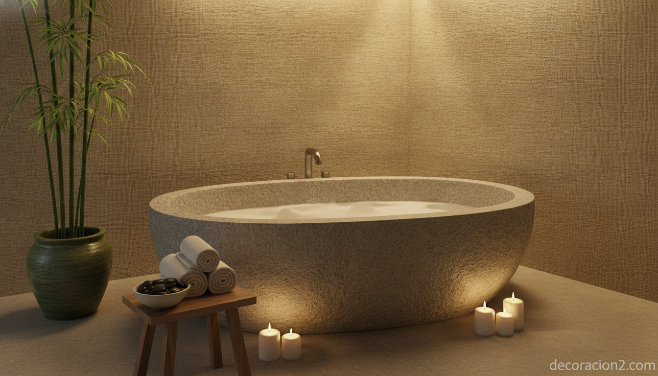 Baño de inspiración asiática: claves del estilo oriental de Greentea Design 2 Rincón de baño zen con bañera exenta de piedra, velas y planta de bambú