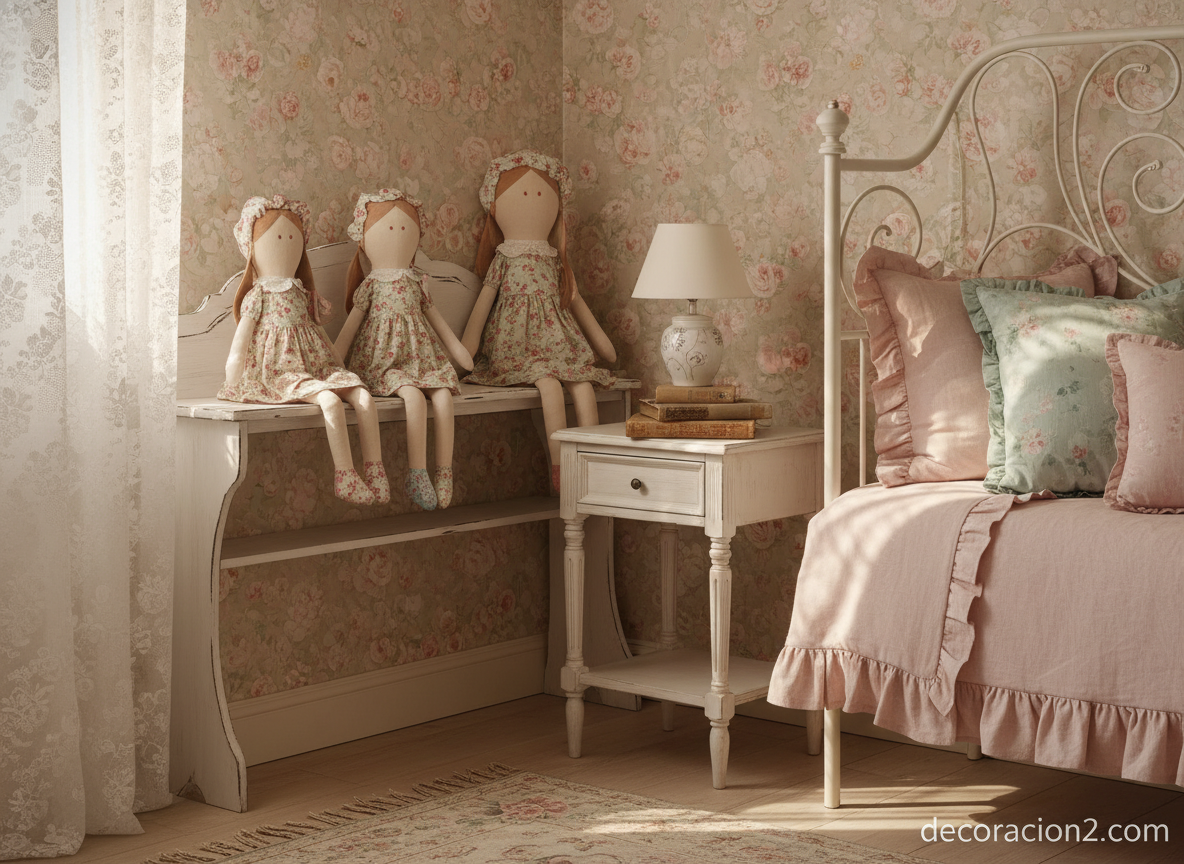 Tres muñecas de trapo decorativas en dormitorio infantil shabby chic