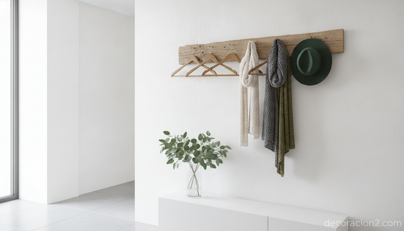 Perchero de pared hecho con perchas de madera reutilizadas en un recibidor