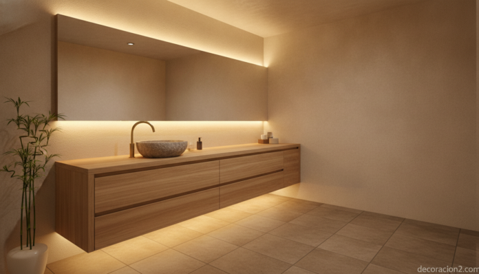 Baño de inspiración asiática de estilo zen con mueble de madera de teca y lavabo de piedra