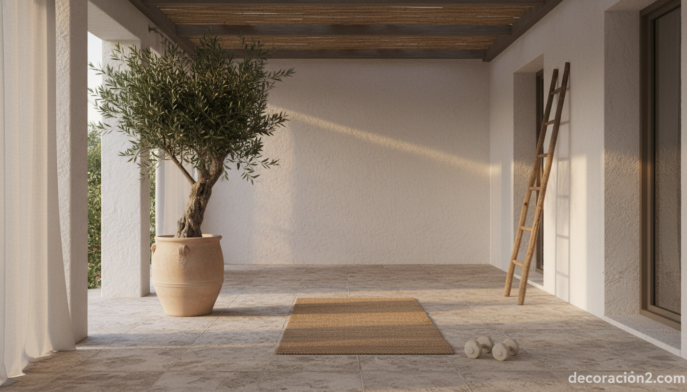 Terraza convertida en mini gimnasio con estética mediterránea