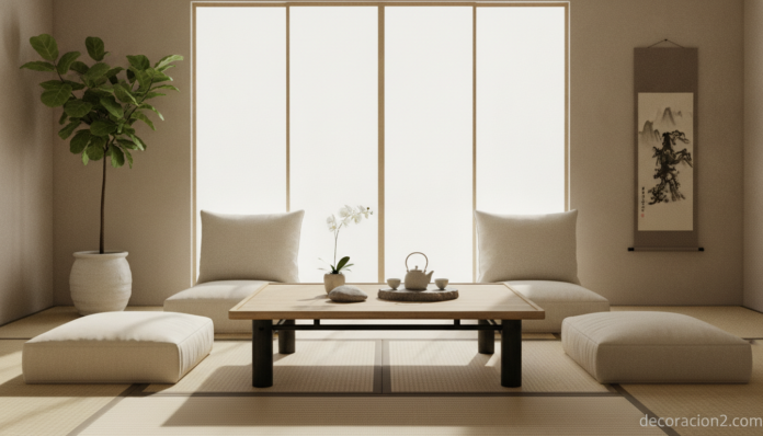 Mesa de centro de bambú de estilo oriental en un salón zen