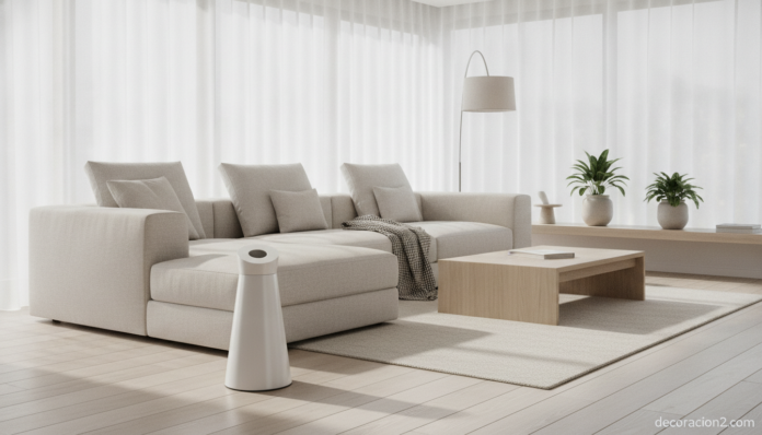 Papelera minimalista integrada en un salón de decoración minimalista