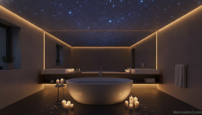 Baño moderno iluminado con un cielo estrellado proyectado en el techo