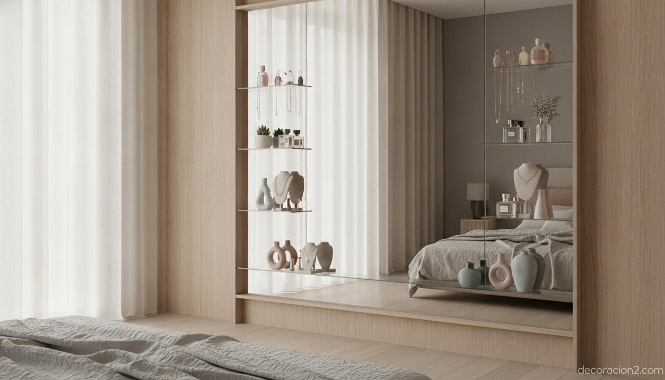 Dormitorio moderno con espejo de pared con baldas de almacenaje