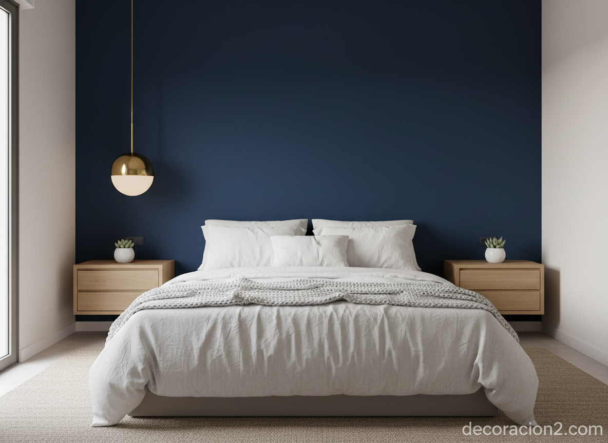 Dormitorio con pared acento en azul noche y ropa de cama de lino blanco