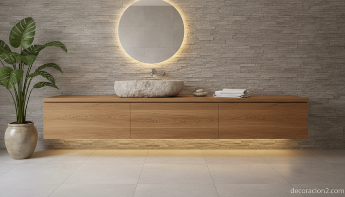 Baño moderno de piedra y madera con lavabo natural y ambiente de spa