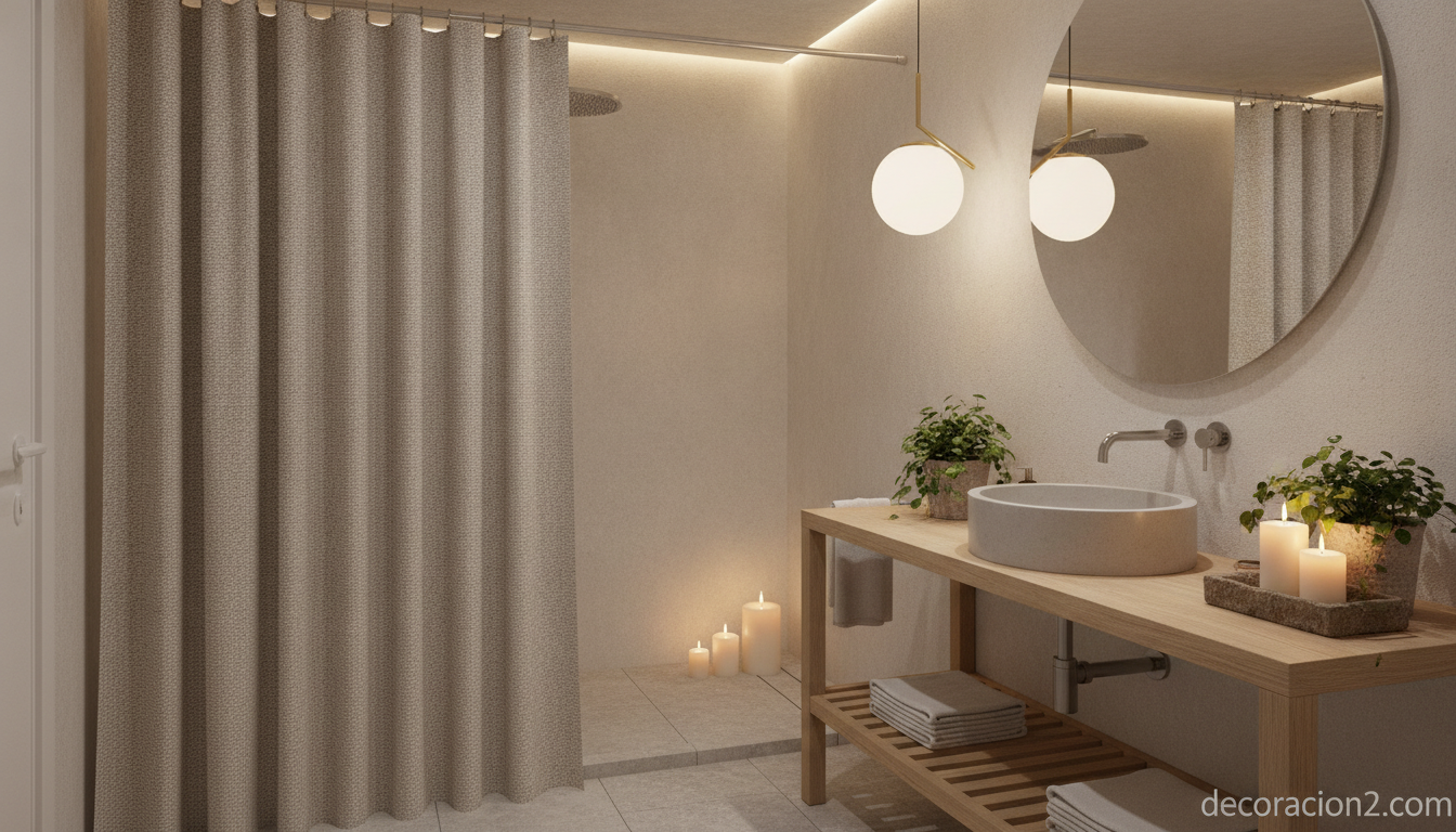 Baño moderno tipo spa con cortina de ducha textil y ambiente relajante