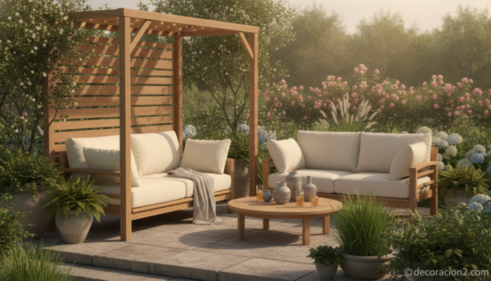 Muebles de jardín Kitando Collection de Exteta en madera de cedro con pérgola en una terraza