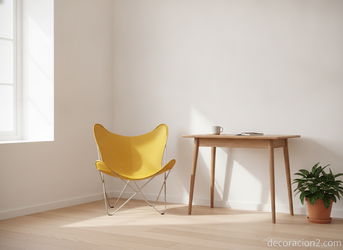 Silla Butterfly amarilla como pieza decorativa en un rincón de dormitorio minimalista