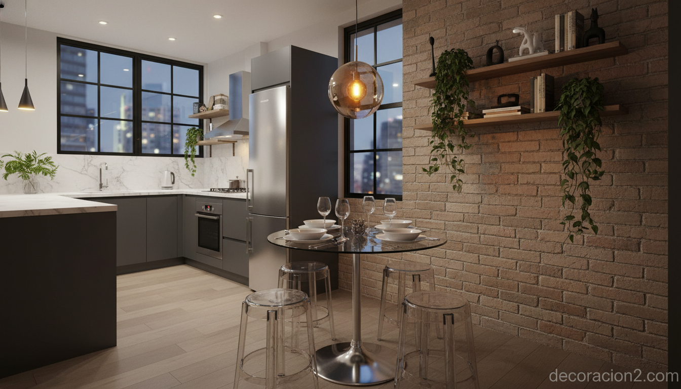 Mesa de cristal con taburetes en apartamento urbano con cocina abierta