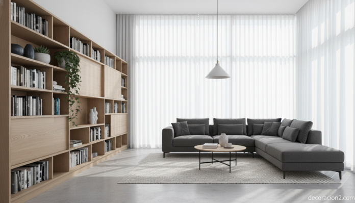 Estantería dinámica de madera en salón moderno y luminoso