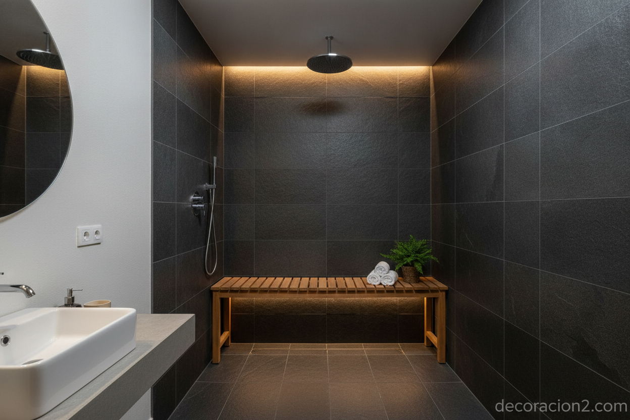 Ducha walk-in revestida de pizarra con banco de madera de teca