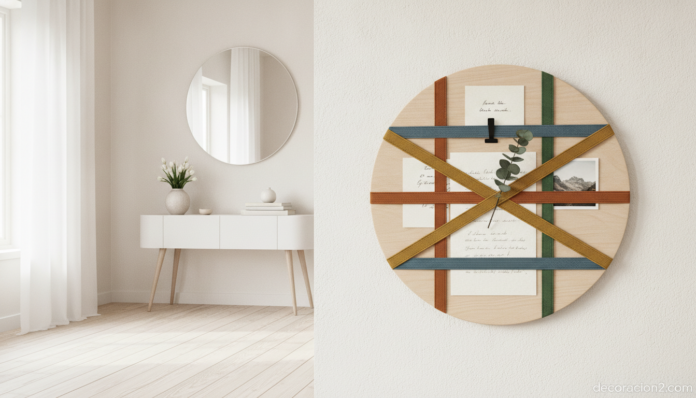 Organizador de pared circular con gomas elásticas sujetando papeles y notas