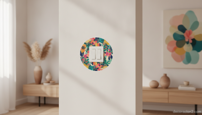 Pared decorada con vinilos alrededor de un interruptor de luz
