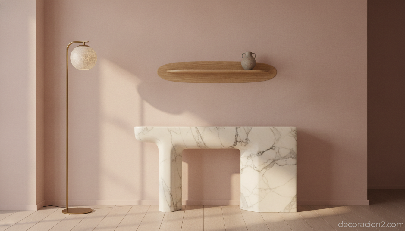 Mesa consola de diseño en mármol en un recibidor minimalista